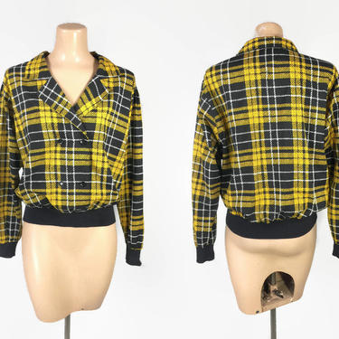 VINTAGE 80s Diane Von Furstenberg Blouse | 1980s DVF Batwing Shirt with Fitted Waistband | Black and Yellow Plaid | Size Large 
