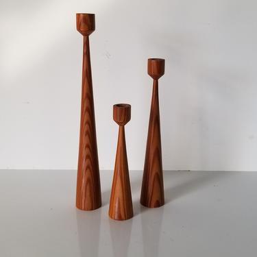 Mid-Century Modern Turned Wood Candle Holders - Set of 3 