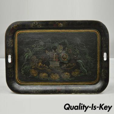 Antique 19th C French Victorian Hand Painted Flowers Tole Metal Toleware Tray