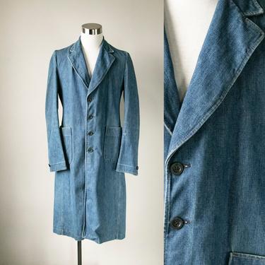 1970s Men's Denim Overcoat Jacket Long 42 