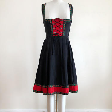 Black Trachten Dirndl Dress with Red Floral Embroidery - 1970s 