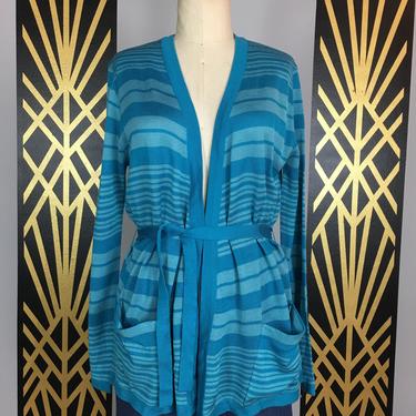 1970s cardigan, Catalina sportswear, vintage sweater, turquoise striped, medium large, tie waist, mod, long sleeve, light weight, aqua, 38 