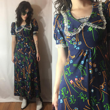 Vintage 1970s Prairie Dress | Abstract Flower Vase Print Jersey Maxi Dress, Lace Trim Puff Sleeve Hippie Dress, Tie Waist Empire Dress XS/S 