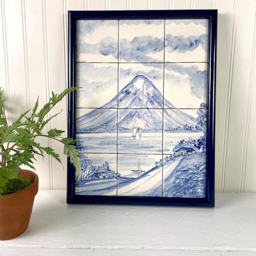 Volcano and water landscape tile art by Noe Suro - vintage Mexican art 