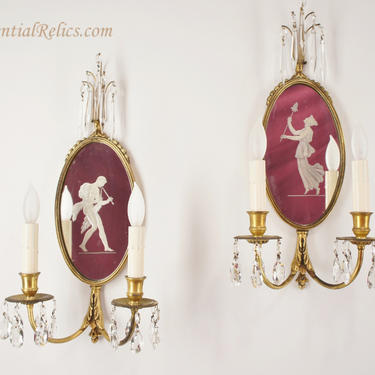 <i><font color="#cc6600"></font color="#cc6600"> E. F. Caldwell Co. engraved mirror and cut crystal wall sconces, circa 1920s (3 pairs available)