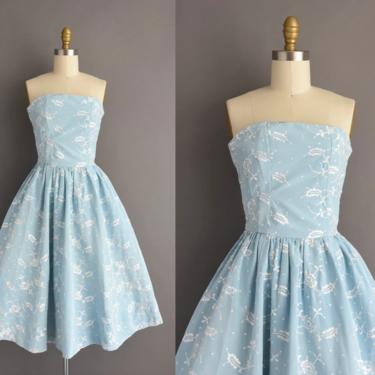 1950s vintage dress | Gorgeous Strapless Embroidered Floral Sweeping Full Skirt Bridesmaid Wedding Dress | XS | 50s dress 