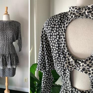 Vintage 1980s Black and White Silk Coffee Bean Print Tiered Cutout Bow Dress | Size XS/S 