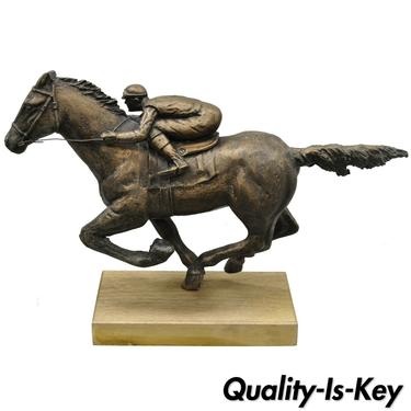 Antique Spelter Running Race Horse &amp; Jockey Sculpture Statue Figure Wood Base B