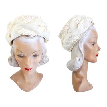 1960s Ivory White Raffia & Tulle Toque Hat - 1960s Wedding Hat - 1960s White Pillbox Hat - Vintage Womens White Hat - Vintage Wedding Hat 