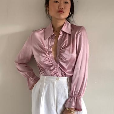 90s silk charmeuse poet blouse / vintage blush pink gathered ruched blouse / liquid silk satin charmeuse ruffle blouse | M 