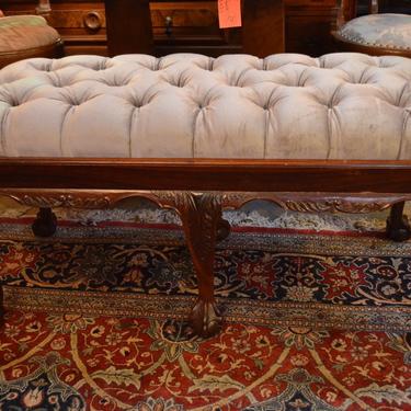 Antique Wood Bench with Velvet Grey Tufted Seat
