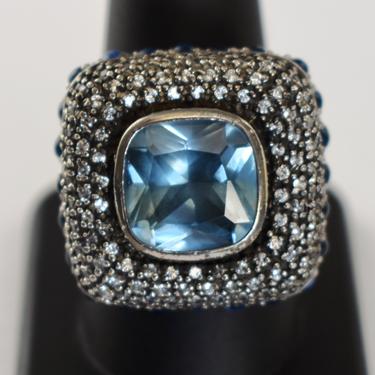 Big 90's silver plate blue crystals clear rhinestones size 9.75 square ring, edgy dimensional faux topaz goth bling statement 