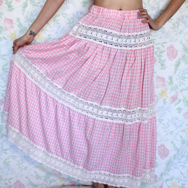 Vintage Prairie Skirt, Pink and White Gingham Pattern with Lace Tiers, Handmade Cottagecore Peasant Maxi Skirt, Size Small/Medium 