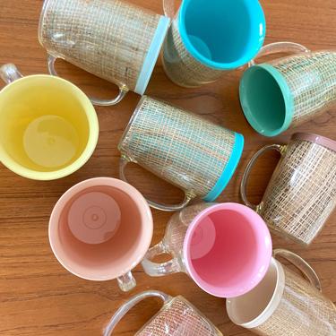 insulated raffia mugs pastel and burlap - tropical tiki decor glamping picnic - set ten thermo temp 12 ounce cups 