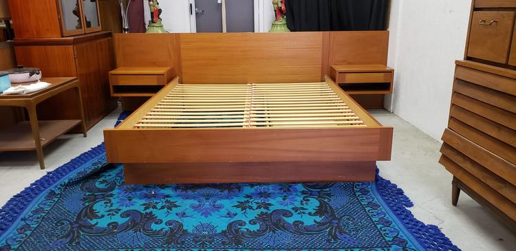 Danish Teak Platform Queen Bed with Floating Nightstands
