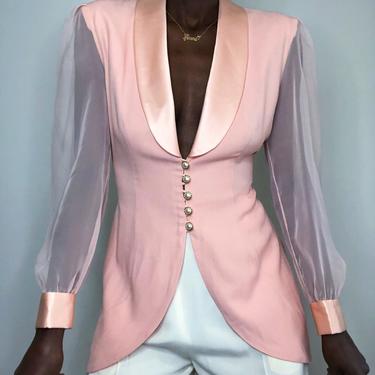 Vintage 80s Blush Pink Sheer Sleeve Smoking Tuxedo Jacket