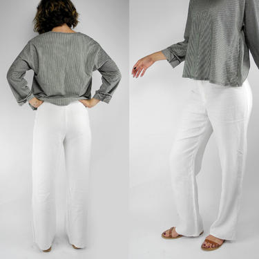 Jaeger white linen pants / flowy full leg linen pants / wide leg / medium size 8 
