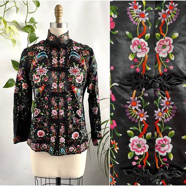 PLUM BLOSSOMS 70s Vintage Black Silk Satin Embroidered Asian Jacket | 1970s Floral Bird Embroidery Chinese Top | 60s Dead Stock | Size Small 