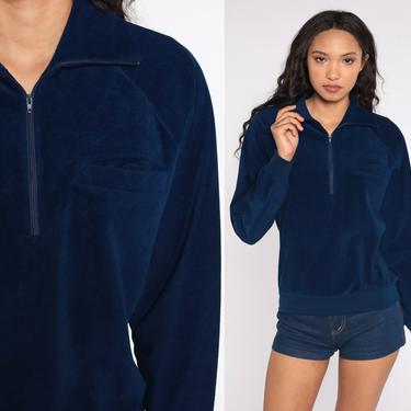 Navy Velour Sweatshirt 80s Shirt Quarter Zip Pullover Navy Blue Sweater Long Sleeve 1980s Lee Retro Top 70s Athletic 1970s Jumper Small S 