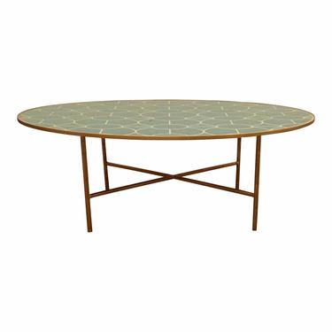 Modern Turquoise and Gold Geometric Design Reverse Painted Mirror Oval Cocktail Table
