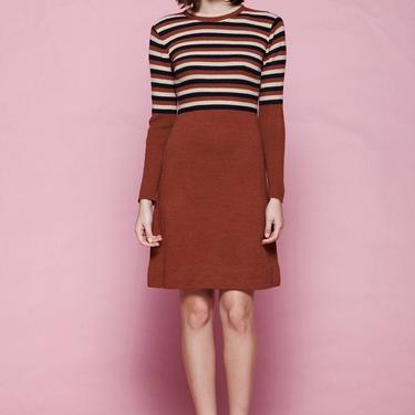 sweater mini dress preppy brown stripes long sleeves vintage 60s SMALL S 