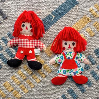 Vintage 1970s Raggedy Ann and Andy Christmas Tree Ornaments - 1978 Bobbs Merrill Fabric Kitschy Ornaments Holiday Decor - Set/2 