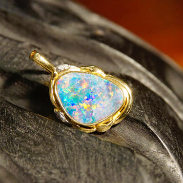 Vintage 14K Gold Crystal Opal & Diamond Pendant, Gorgeous Opalescent Pendant With Accent Diamonds, Ornate Gold Opal Necklace Pendant, 14K 