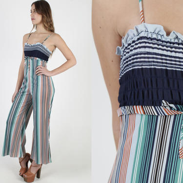 Bell Bottom Striped Jumpsuit / 70s Pinstriped Disco Playsuit / Lounge Party Wide Leg Pants / Womens Smocked Stretch Bust 