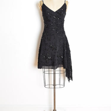 vintage 80s dress black sequin beaded floral flapper party prom dress S asym 