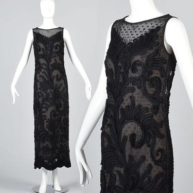 Medium Lace Formal Gown Illusion Neckline Elegant Evening Dress Floor Length Party Dress Black Vintage 1960s 60s 