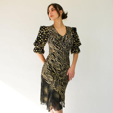 Vintage 70s Judy Hornby Couture Black and Metallic Gold Silk Chiffon Zebra Print Dress | Made in France | 100% Silk | 1970s Designer Dress 