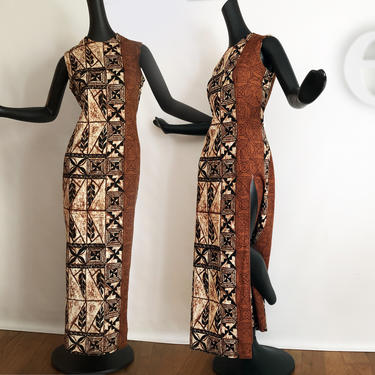 Vintage Tapa Cloth Hawaiian Maxi Dress • 60s 70s Tiki Oasis Hukilau Beach Wedding • Brown Barkcloth Asymmetric Adjustable Slit Zipper Medium 