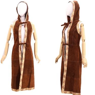 70s brown suede long hooded vest XS / vintage 1970s tapestry trim duster coat vest maxi with hood Woodstock festival S 