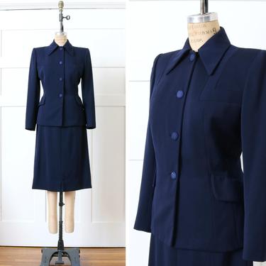 vintage 1940s womens suit • tailored gabardine blazer & skirt in navy blue • strong shoulders and nipped waist 