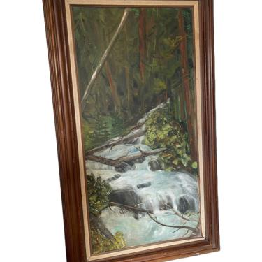 Vintage Mid Century Modern Painting Scenic Signed 70s River Water Greenery Brown Forest Framed Abstract As Is 