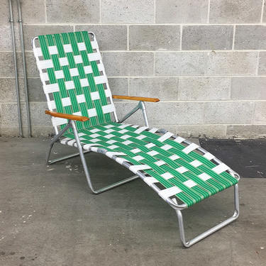 Vintage Chaise Lounge Retro 1980s Aluminum Lawn Chair + Rainbow Vinyl Webbing + Wood Armrests + Outdoor Living + Patio or Beach Furniture 