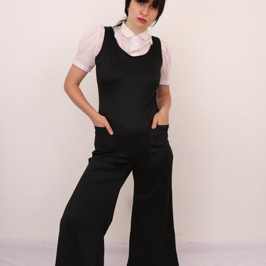 Groovy Vintage Jumpsuit/ Black Wide Leg Jumpsuit/ Minimalist Jumpsuit with Pockets/ Comfy Flare leg One Piece/ 1990s Mod Playsuit Medium 