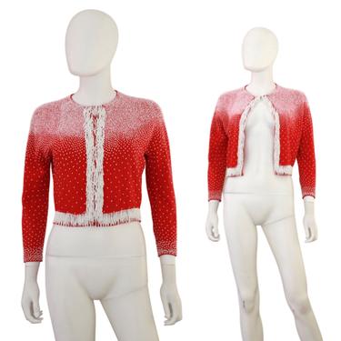 1950s Red Angora Hand Beaded Cardigan Sweater - 1950s Red Holiday Beaded Sweater - 1950s Red Cardigan Sweater - 50s Red Sweater | Size Small 