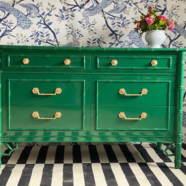 Lacquered Faux Bamboo Dresser in Green 