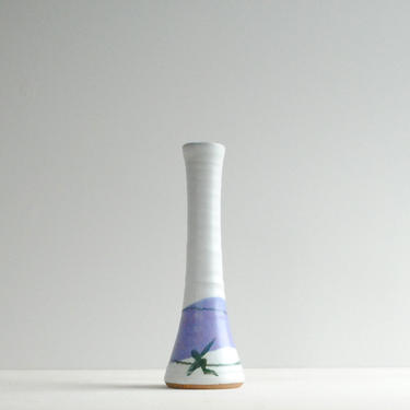 Vintage Handmade Stoneware Pottery Vase, Studio Pottery Vase, Ceramic Vase, Modern Pottery Vase, White and Blue Vase, Purple Flower Vase 
