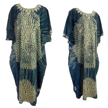 Vtg Vintage 1970s Blue and White African Dyed Ornate Embroidered Maxi Caftan 