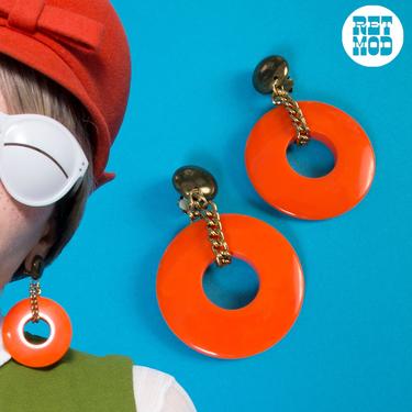 Bold &amp; Big Vintage 60s 70s Orange and Gold Chunky Mod Drop Hoop Earrings 