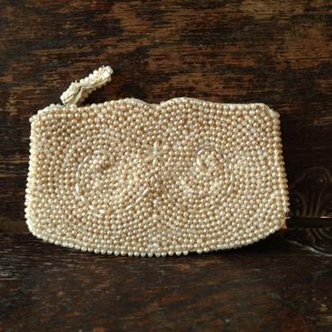 Handmade Ivory Beaded Bag, Evening Coin Purse, Small Clutch, 1950s Japan Purse 