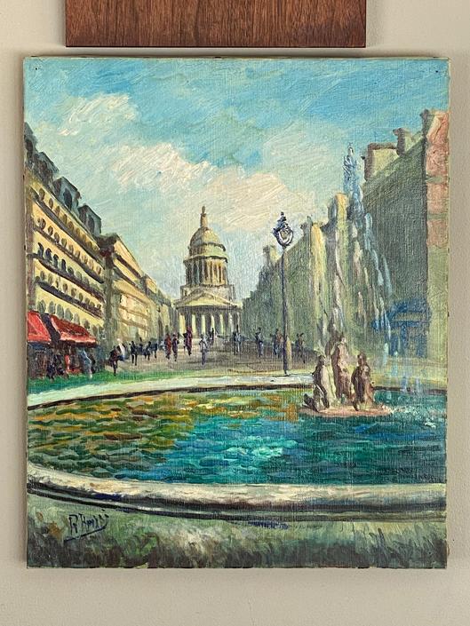 Vintage Oil Painting on Canvas Europe Fountain Landscape 