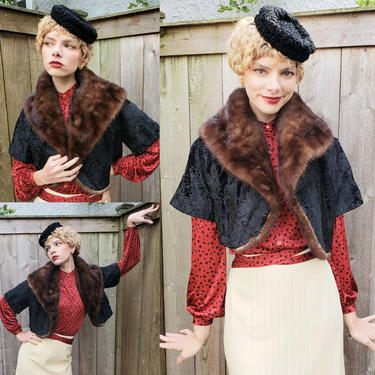 1950s Black Curly Wool Brown Mink Fur Bolero Jacket / 50s Cropped Persian Wool Jacket Large Fold Down Collar Blum's Chicago / Small 