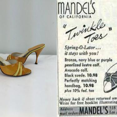 Twinkle Your Toes - Vintage 1950s Golden Yellow Mustard Patent Leather Springolator Slides Heels Shoes - 7 1/2M 