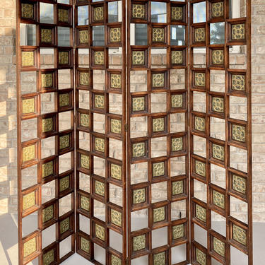 Mid Century Modern Aztec / Mayan Style 4-Panel Folding Screen Room Divider, Zarebski Design, Made in Mexico 