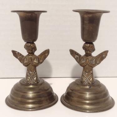 Vintage Brass Praying Angel Candleholders Pair 4&quot; 