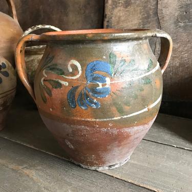 19th C Pottery Jug, Floral Confit Jar, Redware Slip, Rustic Stoneware, Terra Cotta, Vase, Urn, Rustic European Farmhouse, Farm Table 