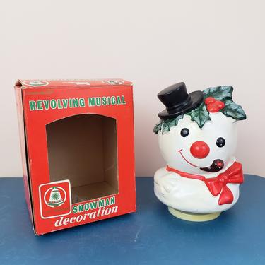 Vintage 1960's Commodore Snowman / 70s Christmas Kitch Knick Knack Ceramic Musical 